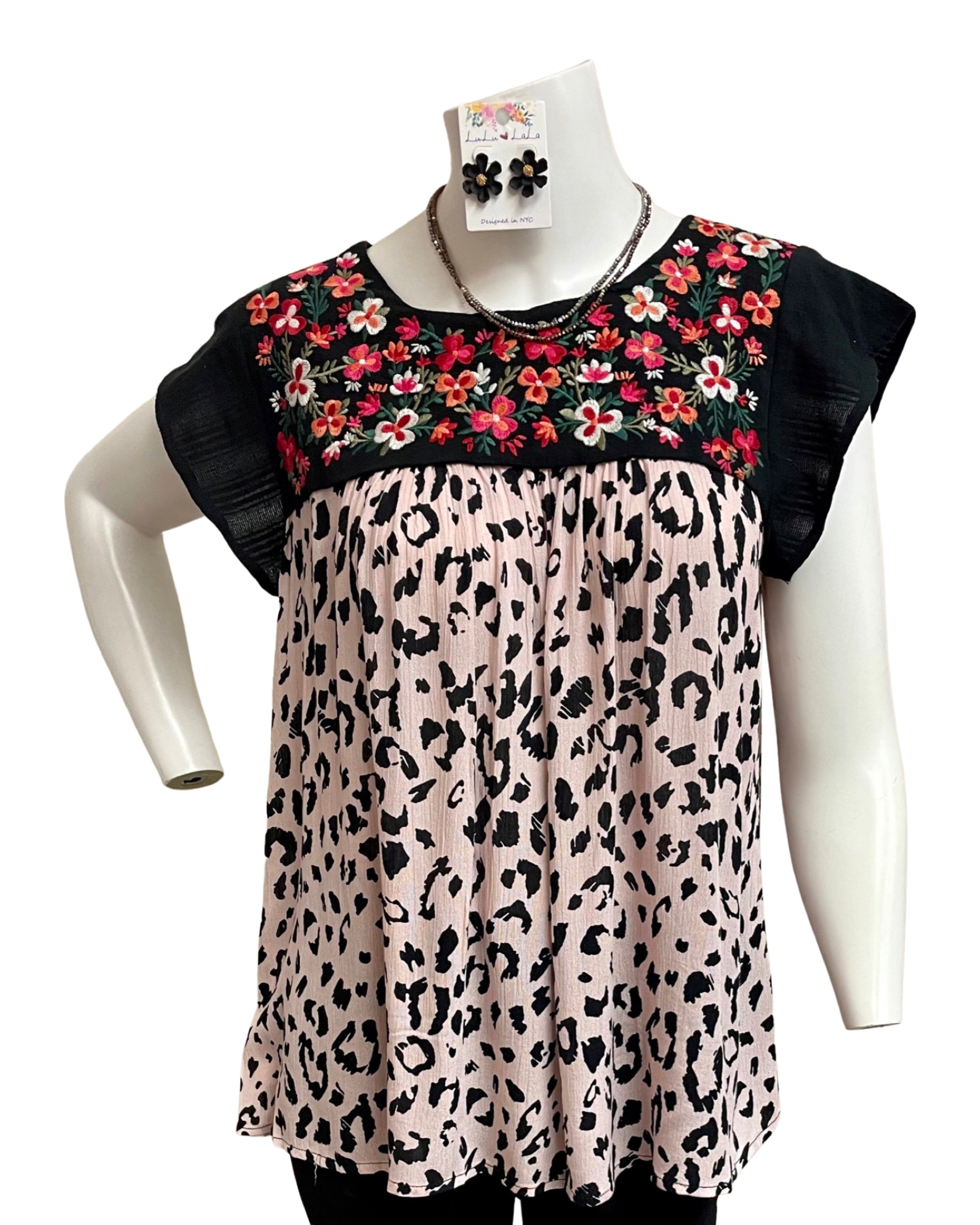 Floral Leopard Embroidered Top