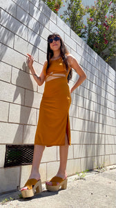 Golden Ribbed Cutout Dress